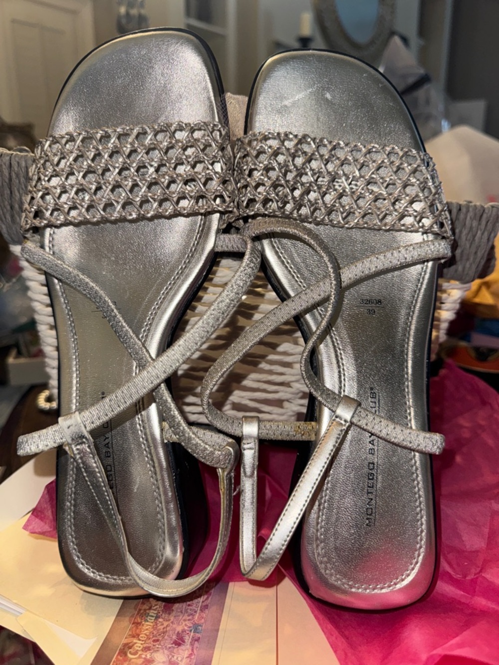 NWOT Montego Bay Club Metallic Silver Woven Strappy small wedge Heels size 8.5